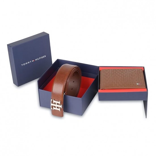 Tommy Hilfiger Nebraska Men Leather Gift Set Include Global Coin Wallet and Belt Tan Color