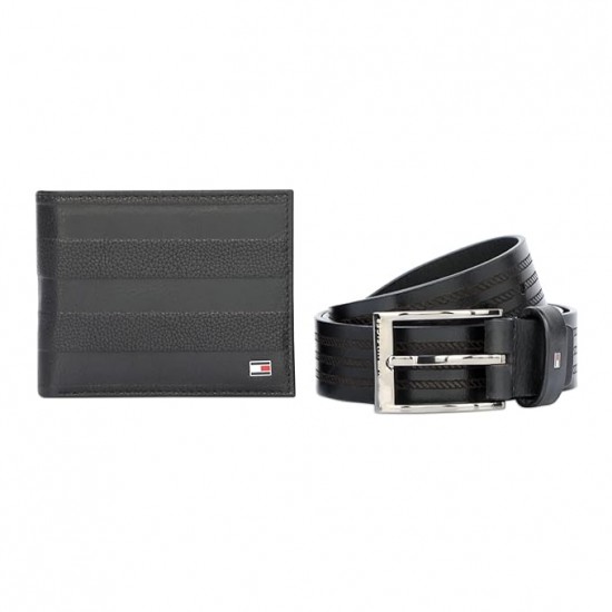 Tommy Hilfiger Tavira Men Leather Gift Set Include Large Size Belt and Wallet Black/Brown