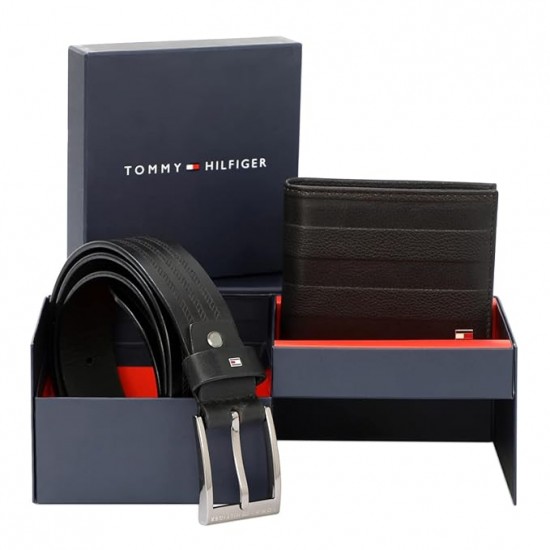 Tommy Hilfiger Tavira Men Leather Gift Set Include Large Size Belt and Wallet Black/Brown