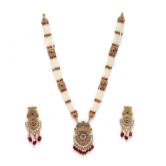 Gold-Plated Kundan Studded & Beaded Long Meenkari Work Necklace with Earrings Jewellery Set for Women and Girls