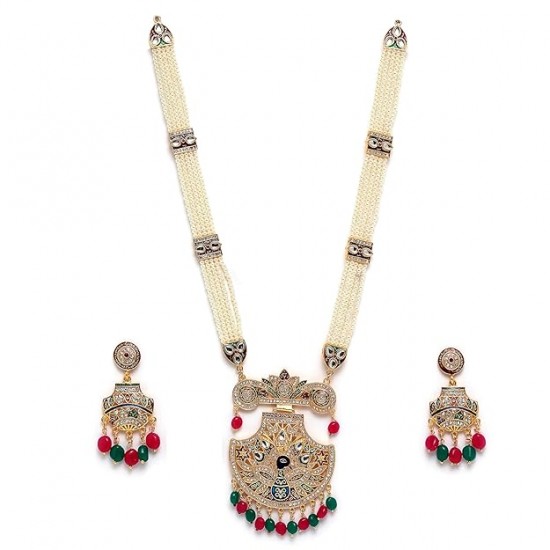 Jewellery Set Gold Plated Long Necklace Hyderabadi Design Pearl Peacock Necklace Set With Earring Jewellery For Women & Girls