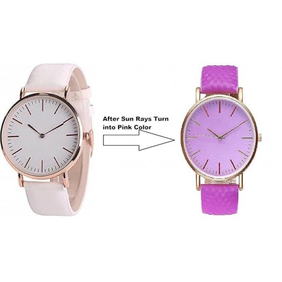 Leather Color Change White to Pink Analog Color Change Wrist Watch for Women for Girls