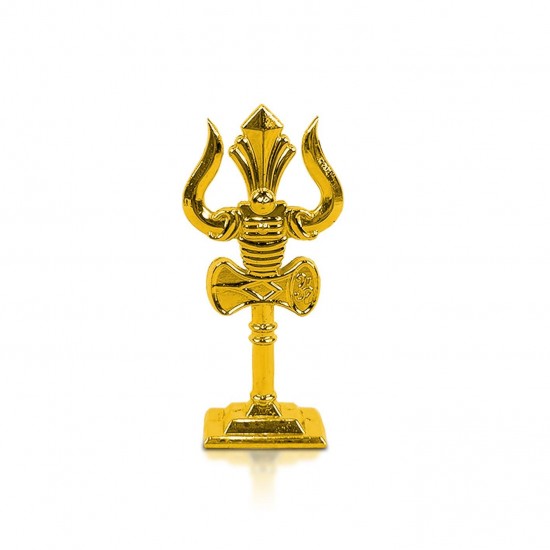 Metal Shiv, Mahadev Trishul with Damaru Double Side God Stand for Gifting, Home and Office Table, and Car Dashboard Small Size Golden Color