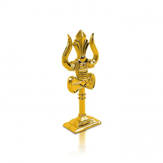 Metal Shiv, Mahadev Trishul with Damaru Double Side God Stand for Gifting, Home and Office Table, and Car Dashboard Small Size Golden Color