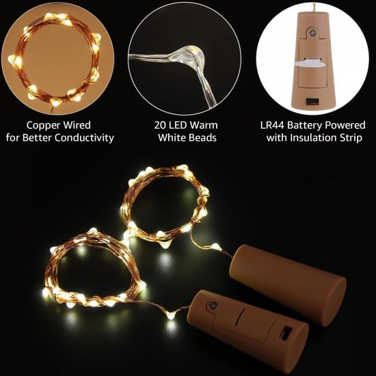 20 LED Bottle Cork Lights 6m Battery Operated Mini Copper Wire String Decorative Fairy Light DIY Festive Decor for Diwali Wedding Party (Warm White, 2 PCS)