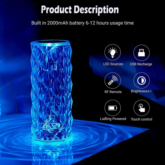 Crystal Lamp, 16 Color Changing Rose Crystal Diamond Table Lamp, USB Rechargeable Touch Bedside Lamp Night Light with Remote Control, for Bedroom Living Room Party Dinner Decor