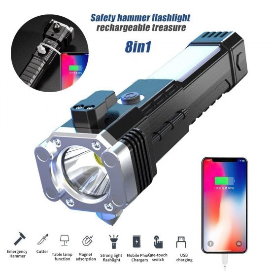 Portable Rechargeable Torch LED Flashlight Long Distance Beam Range with Power Bank, Hammer and Strong Magnets, Car Rescue Torch with Hammer Window Glass