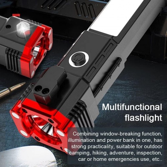 Portable Rechargeable Torch LED Flashlight Long Distance Beam Range with Power Bank, Hammer and Strong Magnets, Car Rescue Torch with Hammer Window Glass