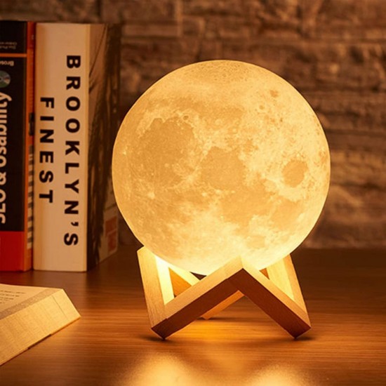 3D 7 Color Changing Moon Night Rechargeable Led Lamp with Stand Night Lamp for Bedroom Lights for Adults and Kids Home Room Beautiful Indoor Lighting - 15Cm, Wood Prong Base