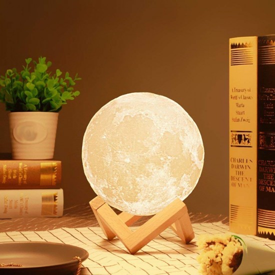 3D 7 Color Changing Moon Night Rechargeable Led Lamp with Stand Night Lamp for Bedroom Lights for Adults and Kids Home Room Beautiful Indoor Lighting - 15Cm, Wood Prong Base