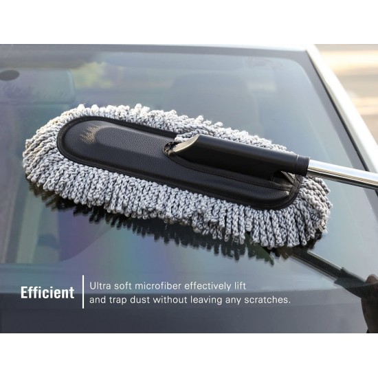 Super Soft Microfiber Car Duster Exterior with Extendable Handle, Car Brush Duster for Car Cleaning Dusting - Grey