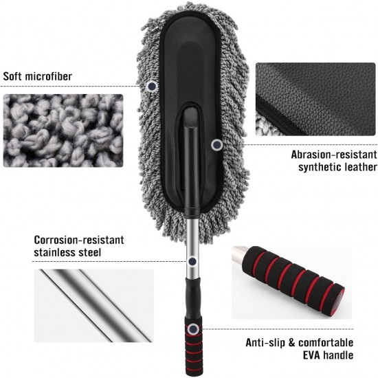 Super Soft Microfiber Car Duster Exterior with Extendable Handle, Car Brush Duster for Car Cleaning Dusting - Grey