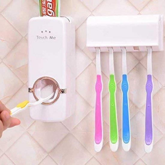 Toothpaste Dispenser │ Hands Free Wall Mounted Plastic Dust Proof and Detachable Hole 5 Toothbrush Holder, White