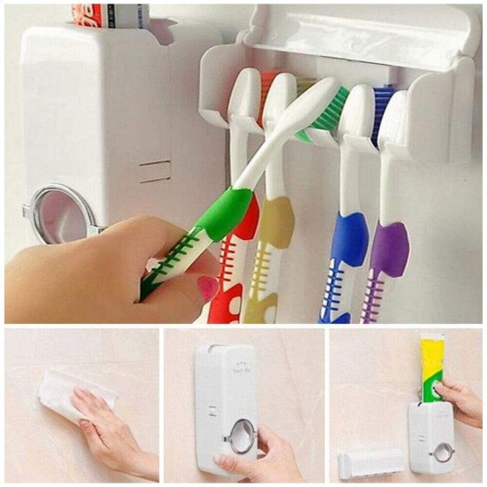 Toothpaste Dispenser │ Hands Free Wall Mounted Plastic Dust Proof and Detachable Hole 5 Toothbrush Holder, White