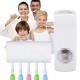 Toothpaste Dispenser │ Hands Free Wall Mounted Plastic Dust Proof and Detachable Hole 5 Toothbrush Holder, White