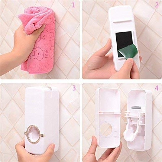 Toothpaste Dispenser │ Hands Free Wall Mounted Plastic Dust Proof and Detachable Hole 5 Toothbrush Holder, White