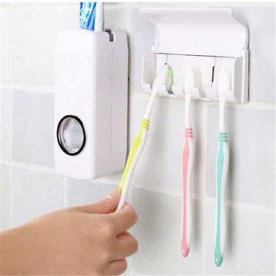 Toothpaste Dispenser │ Hands Free Wall Mounted Plastic Dust Proof and Detachable Hole 5 Toothbrush Holder, White