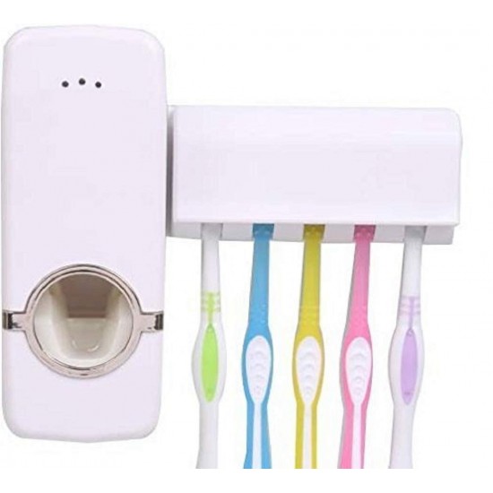 Toothpaste Dispenser │ Hands Free Wall Mounted Plastic Dust Proof and Detachable Hole 5 Toothbrush Holder, White