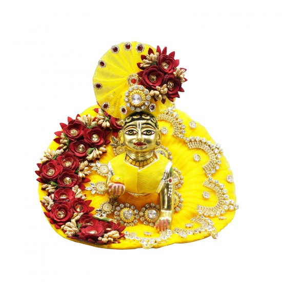 Kanha Poshak | Laddu Gopal Dress | Kanda Dress | Thakur Ji Poshak | Yellow Dress with Maroon Flower & Stone Booti with Pagdi (Size 6 | 12 Inches)