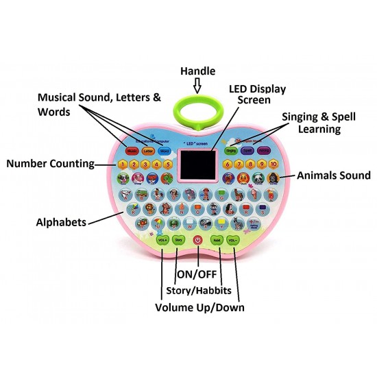 Apple Shape Educational Mini Computer Laptop Toy for Kids LED Display and Fun Music for Learning Alphabets Numbers Words and Animals