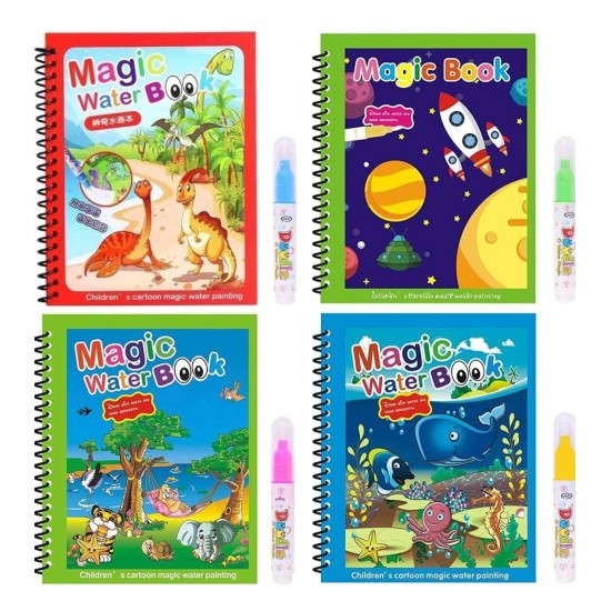 Kid's Magic Water Colouring Books Unlimited Fun with Drawing Reusable Water-Reveal Activity Pad, Chunky-Size Water Pen for Kids - Random Design [4 Books & 4 pens] Spiral-bound – 1