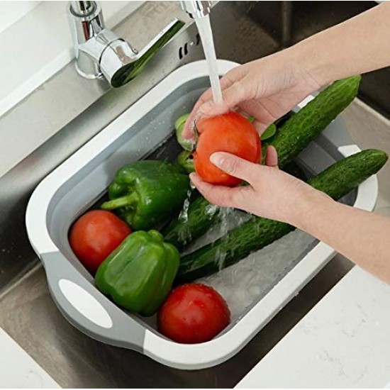 3 in 1 Collapsible Cutting Board with Basket, Dish Tub with Draining Plug, Portable Fruits Vegetables Wash and Drain Sink Storage Basket, Space Saving Multi Function