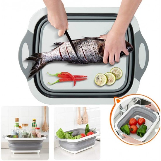 3 in 1 Collapsible Cutting Board with Basket, Dish Tub with Draining Plug, Portable Fruits Vegetables Wash and Drain Sink Storage Basket, Space Saving Multi Function