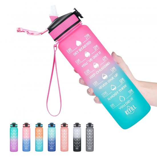 Motivational Water Bottle with Time Marker Straw BPA Free Leakproof Portable Reusable Fitness Sport 1L Water Bottle for Men Women Kids Student to Office School Gym Workout Multicolor