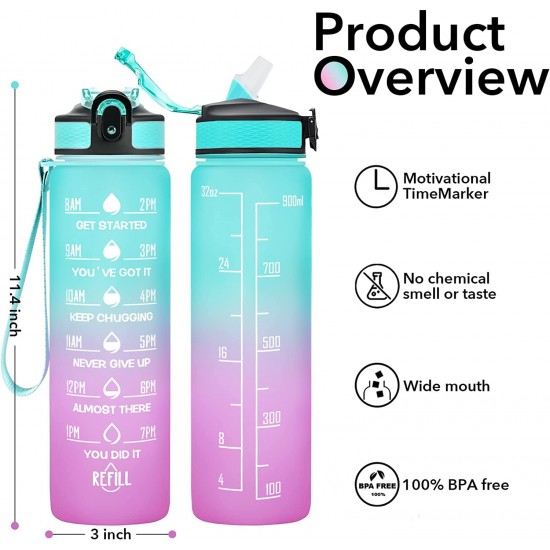 Motivational Water Bottle with Time Marker Straw BPA Free Leakproof Portable Reusable Fitness Sport 1L Water Bottle for Men Women Kids Student to Office School Gym Workout Multicolor