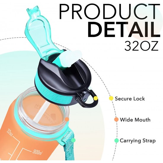 Motivational Water Bottle with Time Marker Straw BPA Free Leakproof Portable Reusable Fitness Sport 1L Water Bottle for Men Women Kids Student to Office School Gym Workout Multicolor