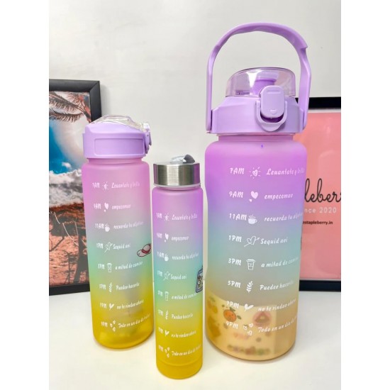 Set of 3 Water Bottle with Motivational Time Marker, Leakproof Durable Non-Toxic Sipper Water bottle for office, School Gallon Water bottle for gym (Multi, As per color availability)