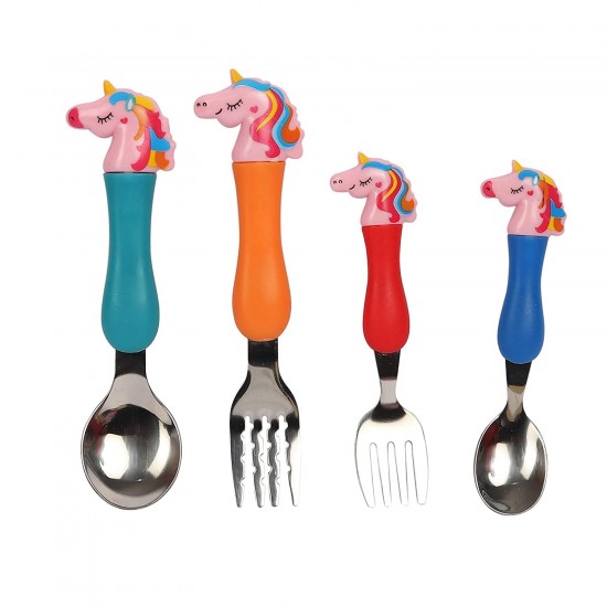 Unicorn Cartoon Theme Stainless Steel Spoon & Fork Set for Kids | Baby Feeding Spoon and Fork Set (2 Spoons + 2 Forks) Perfect for Gifting