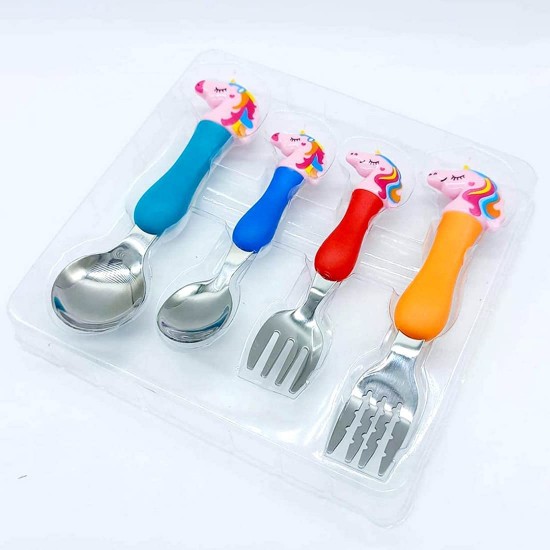 Unicorn Cartoon Theme Stainless Steel Spoon & Fork Set for Kids | Baby Feeding Spoon and Fork Set (2 Spoons + 2 Forks) Perfect for Gifting