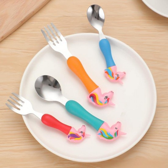 Unicorn Cartoon Theme Stainless Steel Spoon & Fork Set for Kids | Baby Feeding Spoon and Fork Set (2 Spoons + 2 Forks) Perfect for Gifting