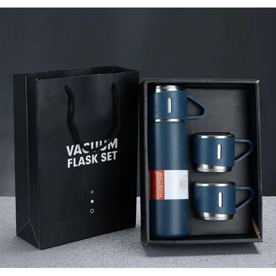 Vacuum Flask Set with 2 Cups, Insulated Double Wall Stainless Steel 500ml Tea Coffee Thermal Flask with 3 Cups, Hot and Cold Bottle, Corporate Gifts for Employees Christmas Gift, Random Color