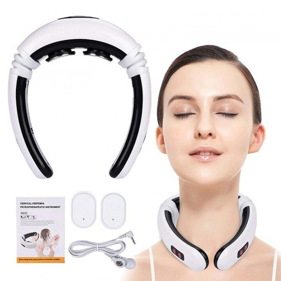 Electric Neck Massager for Deep Tissue Pain Relief Cervical Vertebra Massager Impulse Treatment Device for Acupoint Magnetic Therapy with 2 Electrode Pads (White)