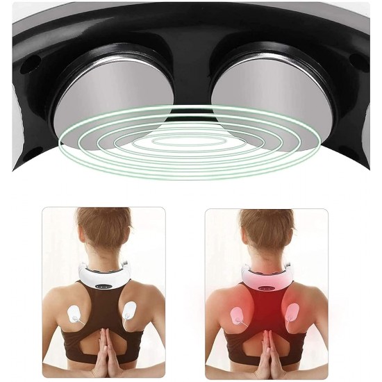 Electric Neck Massager for Deep Tissue Pain Relief Cervical Vertebra Massager Impulse Treatment Device for Acupoint Magnetic Therapy with 2 Electrode Pads (White)