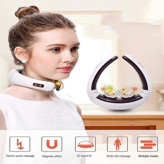 Electric Neck Massager for Deep Tissue Pain Relief Cervical Vertebra Massager Impulse Treatment Device for Acupoint Magnetic Therapy with 2 Electrode Pads (White)