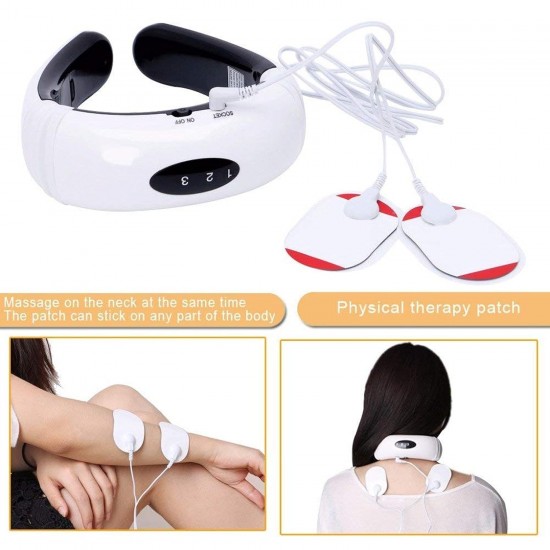 Electric Neck Massager for Deep Tissue Pain Relief Cervical Vertebra Massager Impulse Treatment Device for Acupoint Magnetic Therapy with 2 Electrode Pads (White)