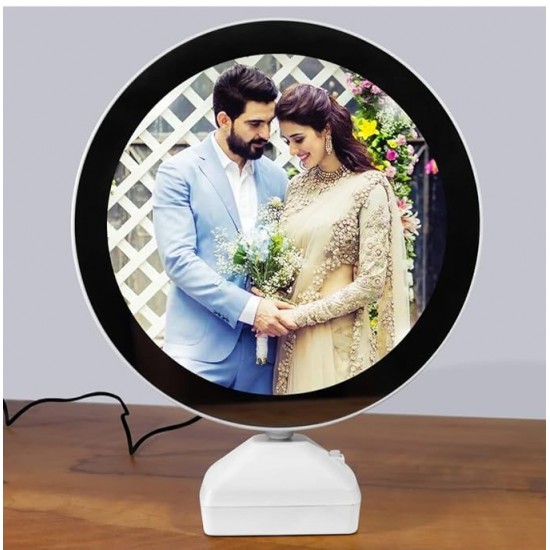 Heart Beat Plastic Round Magic Mirror Tabletop Customized Photo Frame (White) For Valentines Day Gifts, Anniversary, Birthday