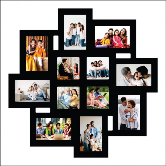 Wooden Multiple Images Collage Photo Frame For Wall Decor (12 Photographs, Black Glitter, Size- 23.5* x 23.5* inch), rectangle/square