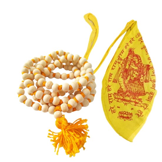 Tulsi Japa Mala 108 Beads l Tulsi Mala for Mantra Jap with Radha Krishna Gomukhi Cotton Japa Mala Bag