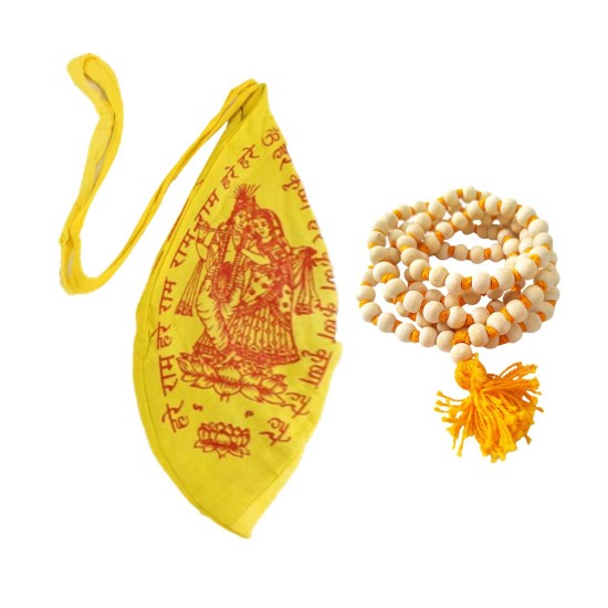 Tulsi Japa Mala 108 Beads l Tulsi Mala for Mantra Jap with Radha Krishna Gomukhi Cotton Japa Mala Bag