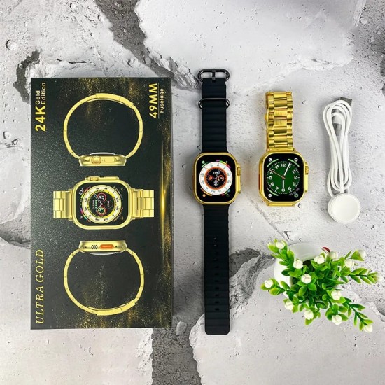 24K Gold Ultra Watch 2.02 INCH Latest 8 Series AMOLED 520 * 580 PIXAL with Sports & Health Tracker, GPS, NFC, WIRLESS CHARGERING, and Apple Logo on/Off (Gold Edition 24K Colour)