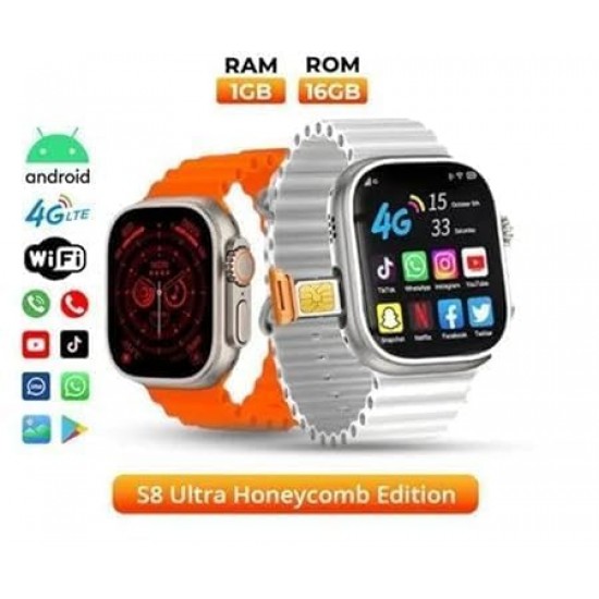 S8 Ultra Smart Watch with 4G SIM Card, App Store Working, Google Maps, Facebook, YouTube, Android, Sports Features, Bluetooth Calling(SIM Supported) Extra Band (Orange and Black)