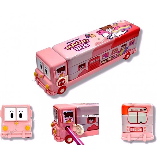 Cartoon Printed School Bus Shaped Pencil Compass Box and Toy for Kids with Wheels and Sharpener Metal - Pink