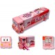 Cartoon Printed School Bus Shaped Pencil Compass Box and Toy for Kids with Wheels and Sharpener Metal - Pink