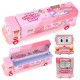 Cartoon Printed School Bus Shaped Pencil Compass Box and Toy for Kids with Wheels and Sharpener Metal - Pink