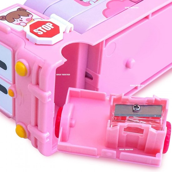 Cartoon Printed School Bus Shaped Pencil Compass Box and Toy for Kids with Wheels and Sharpener Metal - Pink