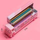 Cartoon Printed School Bus Shaped Pencil Compass Box and Toy for Kids with Wheels and Sharpener Metal - Pink